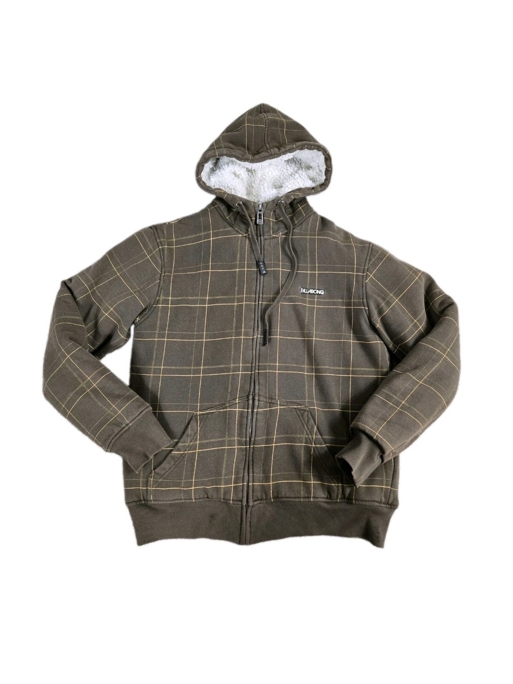 vintage Y2k Billabong brown plaid Full Zip hoodie Jacket Sherpa Lined TEEN Large